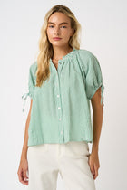 Striped Ruffle Neck Button Down Top