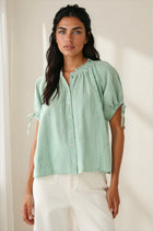 Striped Ruffle Neck Button Down Top