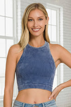 Washed Ribbed High-Neck Brami - Light Navy