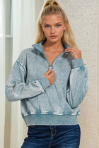 Acid Wash Half-Zip Pullover - Blue Grey