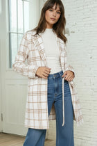 Plaid Print Open Front Coat - White/Camel