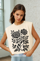 Black Floral Print Muscle Tee - Cream