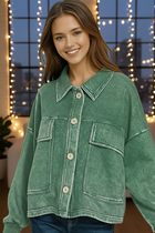 Acid Wash Cropped Shacket - Dark Green