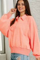 Acid Wash Button Up Pullover - Coral