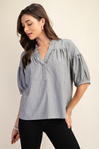 Striped Quarter Length Bubble Sleeve Blouse