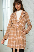 Plaid Print Open Front Coat - Camel/White