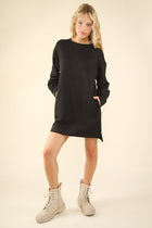Long Sleeve Quilted Dress - Black