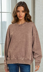 Acid Wash Fleece Pullover - Brown