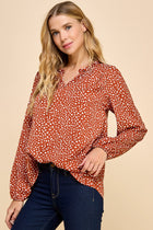 Polka Dot Ruffle V-Neck Top - Rust