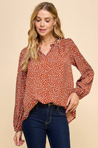 Polka Dot Ruffle V-Neck Top - Rust