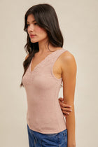 Lace Trim V-Neck Tank - Dusty Rose