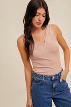 Lace Trim V-Neck Tank - Dusty Rose