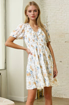 Floral Smocked Bodice Ruffle V-Neck Dress