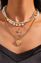Cross Heart Charm Multi Layer Pearl Necklace