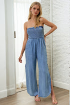 Smocked Strapless Jumpsuit W Frayed Detail
