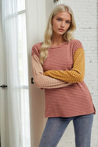 Mixed Stripe Top - Burgundy/Taupe