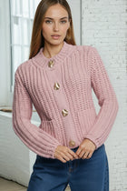 Gold Button Chunky Knit Cardigan - Pink