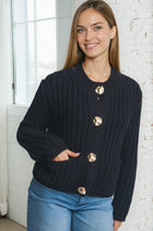 Gold Button Chunky Knit Cardigan - Black