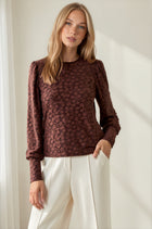 Textured Knit Jacquard Puff Sleeve Top - Chocolate