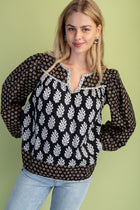 Mixed Print Balloon Sleeve Top