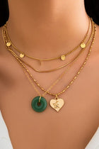 Glass Stone Heart Disc Multi Layer Charm Necklace