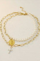 Pearl Cross Coin Multi Layer Charm Necklace