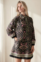 Mix Print Collared Long Sleeve Mini Dress