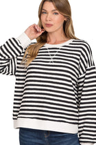 Relaxed Fit Striped Pullover - Black