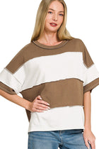 French Terry Exposed Seam Striped Top - Mocha