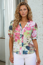 Button Front Puff Sleeve Floral Top