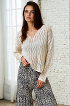 Open Knit Notch Neck Sweater - Cream