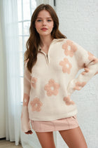 Flower Detail Half Zip Pullover