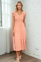 Flutter Sleeve V Neck Smocked Dress - Peach