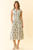 Botanical Printed Smocked Waist Zip Front Midi Dress