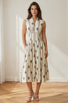 Botanical Printed Smocked Waist Zip Front Midi Dress