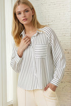Striped Raglan Sleeve Button Down Top - Off White