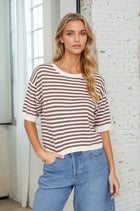 Button Back Stripe Sweater - Brown