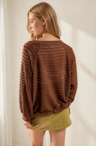 Textured Boatneck Raglan Sleeve Top - Brown