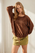Textured Boatneck Raglan Sleeve Top - Brown