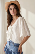 Embroidered Ribbon Tie Front Eyelet Top