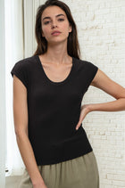 Ribbed Scoop Neck Cap Sleeve Tee - Black