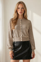 Striped Knit Button Front Blouson Top - Oat
