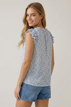 Floral Print Ruffle Cap Sleeve Top - Blue