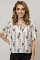 Mix Print Tie Front Blouse