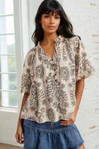 Boho Print Flutter Sleeve Blouse - Black