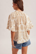Boho Print Flutter Sleeve Blouse - Olive