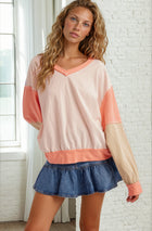 Color Block V-Neck Sweatshirt Top - Blush Pink/Coral