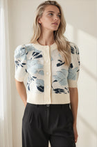 Floral Knit Short Puff Sleeve Cardigan - Ivory/Blue