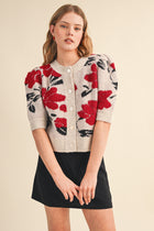 Floral Knit Short Puff Sleeve Cardigan