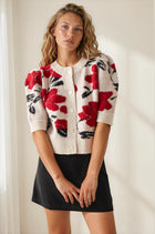 Floral Knit Short Puff Sleeve Cardigan